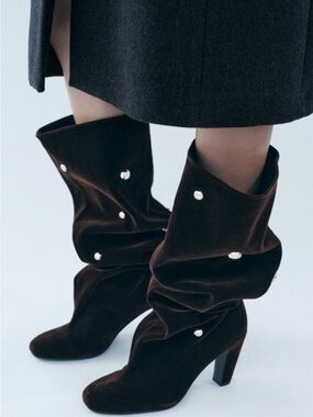 Zara Dark Brown Velvet Over-the-Knee Studded Boots